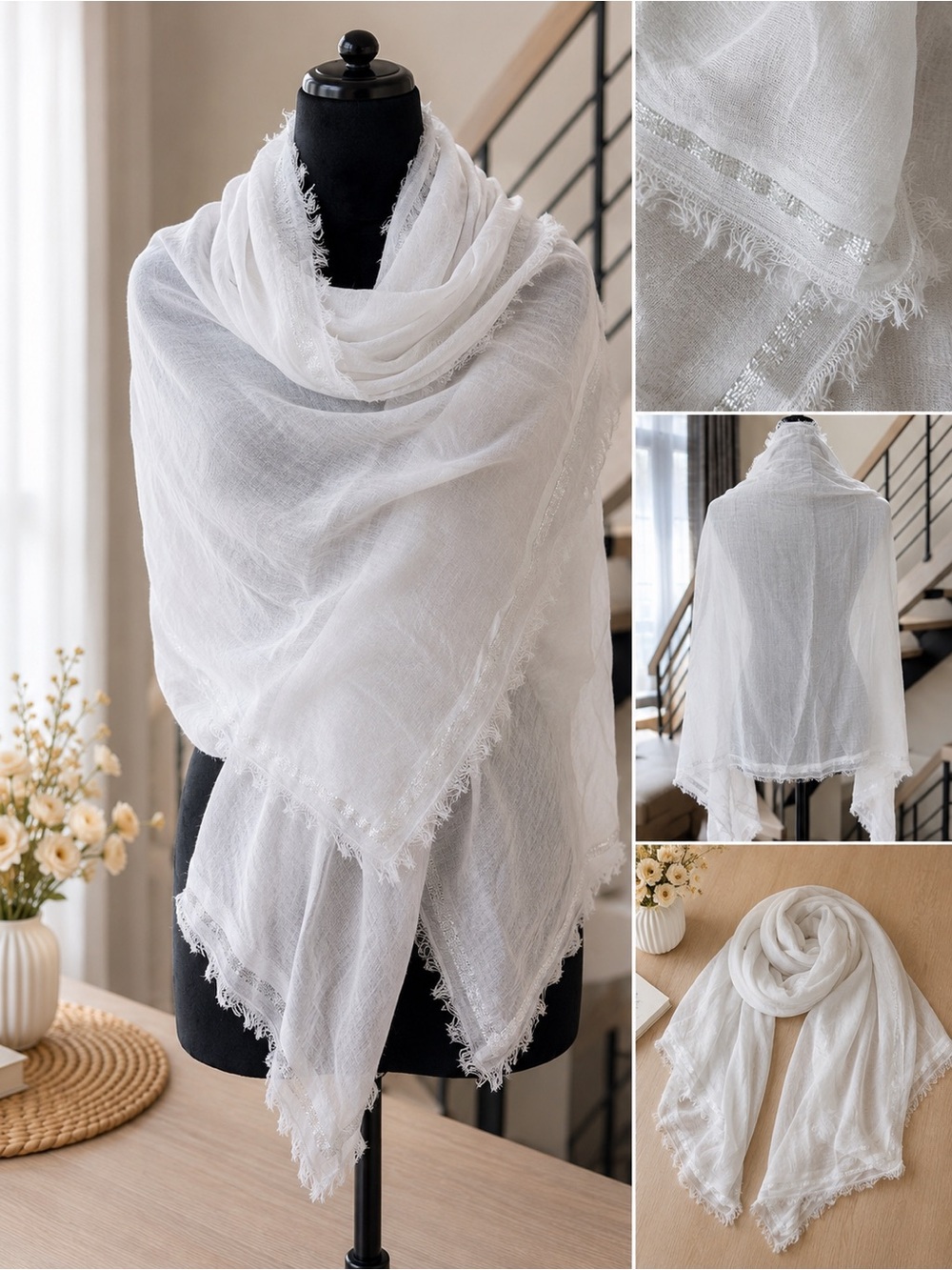 Promos Lightweight White Fringe Shawl Scarf with silver lining